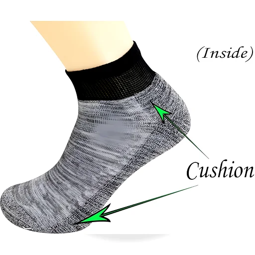 Medical sock with cushioning arrows, black top and gray body highlighting reinforced support areas