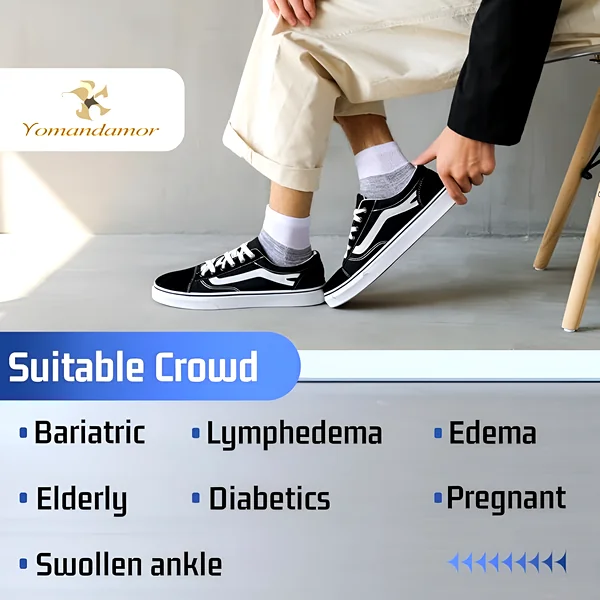 Person wearing sneakers and socks with text about edema and diabetes suitability, highlighting health‑focused sock use