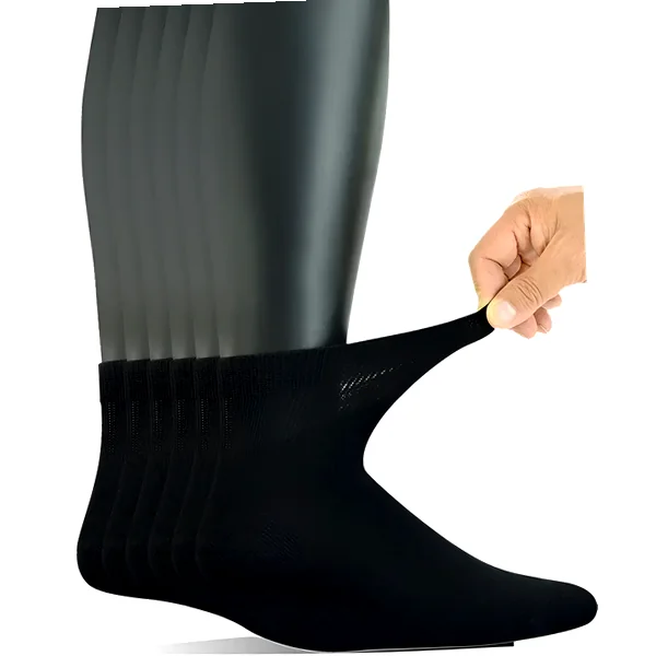 Six pairs of men's ankle socks showing non‑binding cuff and smooth toe seam