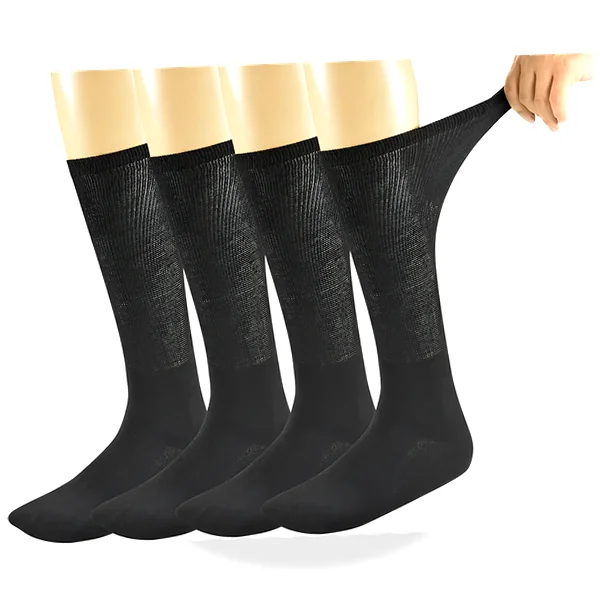 Four over‑the‑calf men's socks in dark tones, showing length and reinforced cuff