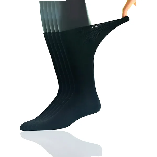Five pairs of men's wide‑top crew dress socks in classic colors