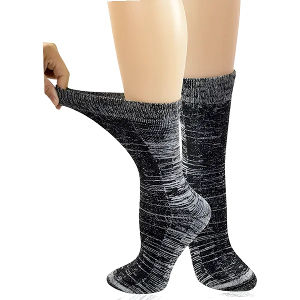 Three pairs of thick women's winter crew socks with cushioned interior and seamless toes