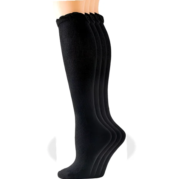 Four black knee‑hi socks with delicate lace tops and seamless toe construction
